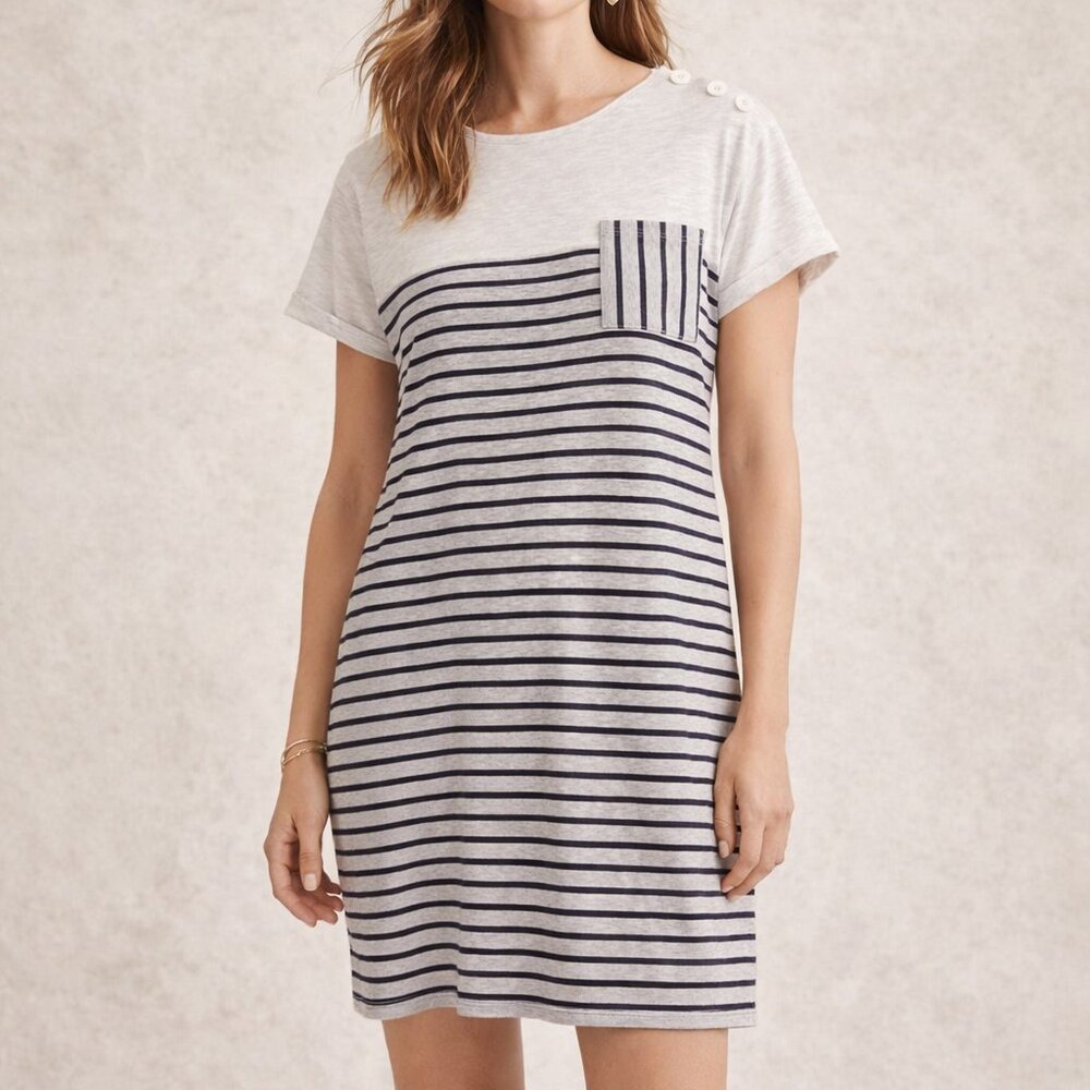 Doe & Rae Medium‎ M ModCloth Gray Cream Striped Pockets Mixed Media Knit Dress